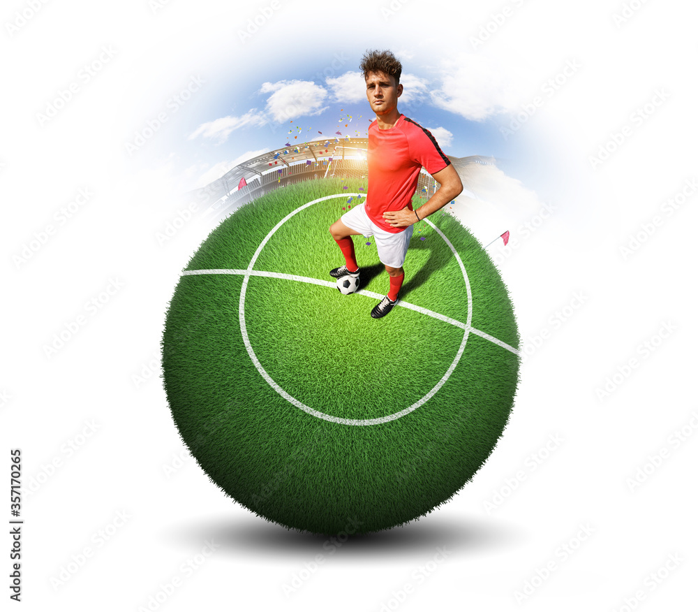 Football player and ball in the stadium