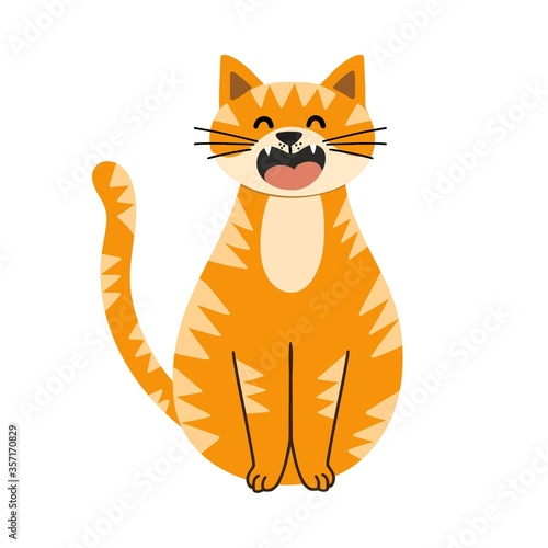 Cute red cat character, sitting with eye closed and meowing