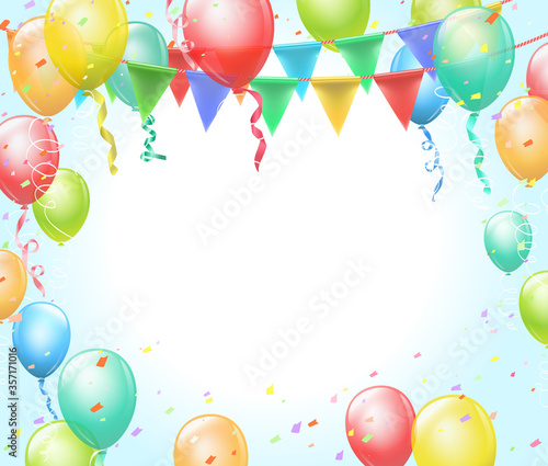Illustration celebration card with balloons, confetti and hanging flags - vector