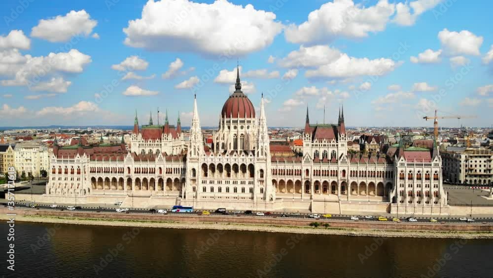 Drone Aerial View of Hungarian Parliament Building by Danube River, Budapest Drone Aerial View of Hungarian Parliament Building by Danube River, Budapest