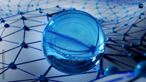 A Glass Sphere against Three-Dimensional Surface. Abstract Mesh Background as a Virtual Reality Concept. Modern Material Design in 3D render.