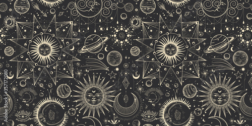 Vector illustration set of moon phases. Different stages of moonlight activity in vintage engraving style. Zodiac Signs