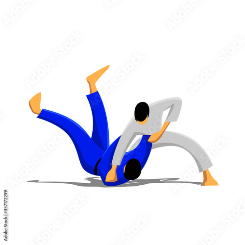 Judo, two men in kimono fighting. Combative sport, flat design cartoon vector illustration