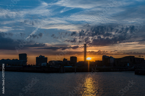 Hamburg skyline photographed from the harbor at sunset