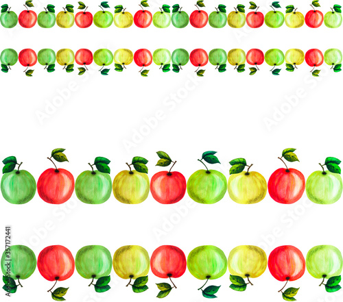 Handmade seamless watercolor fruit border witn yellow  green and red apples