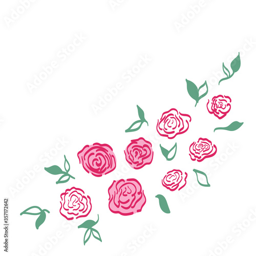 Vector pink roses in loose style. Wedding invitation, birthday greeting card, banner decoration. Floral elements isolated on white background. Bright vibrant doodle style sketch roses with leaves.