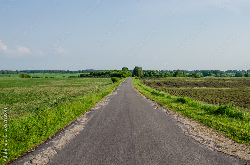 Сountry road in the countryside. Asphalt road goes into the distance