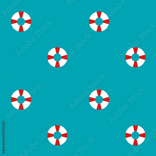 Red and white swimming ring on solid cyan background, seamless vector pattern. Nautical digital paper, calm colors. Boy summer print for apparel, fabric, garment, wrapping paper. EPS10, editable 