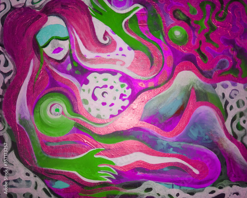 Dipinto grafico concettuale colori rosa e verde. Donna sta sognando. Meditazione  rilassamento  yoga  zen