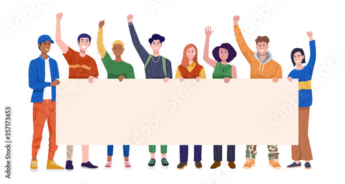 Group of happy young men and women holding banner. Vector