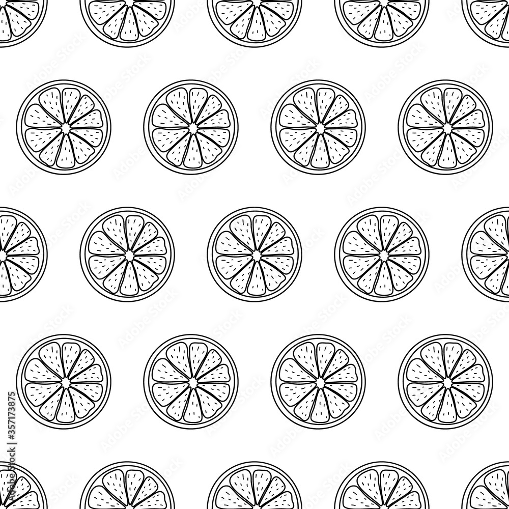 Black and white seamless pattern with sliced pieces of citrus fruit. Stylish simple backdrop. Vector illustration. Ideas for modern creative designs of backgrounds, print, packing, textile, menus. Black and white seamless pattern with sliced pieces of citrus fruit. Stylish simple backdrop. Vector illustration. Ideas for modern creative designs of backgrounds, print, packing, textile, menus.