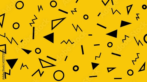 Retro abstract design yellow pattern background with colorful triangles, circles, lines and zigzags. Memphis style with geometrical shapes. Loop.