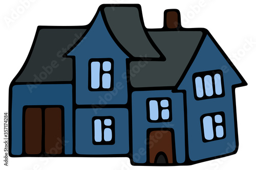 Stay safe. Cottage. Vector illustration. Cozy place of residence. Isolated white background. Modern mansion. House with windows, doors and garage. Cartoon style. Illustration for web design, sticker. 