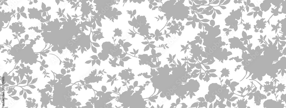 Floral seamless pattern with different flowers and leaves. Black and white Botanical illustration hand painted.