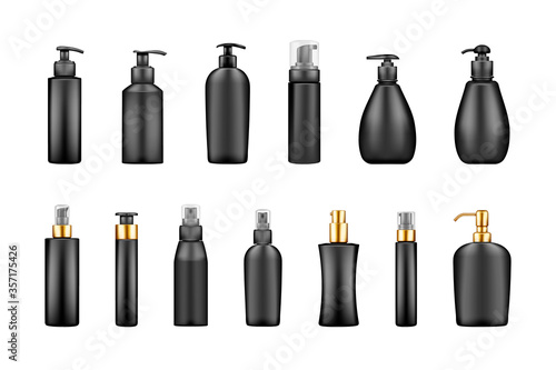 Set of black luxury pump bottle mockups: serum, moisturizer, lotion, soap, cream, sanitizer. Plastic package design. Cosmetic, hygiene, skincare template. Isolated 3d realistic vector illustrations