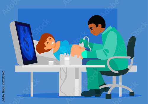 Pregnant woman has her ultra sound check up. Flat vector illustration isolated