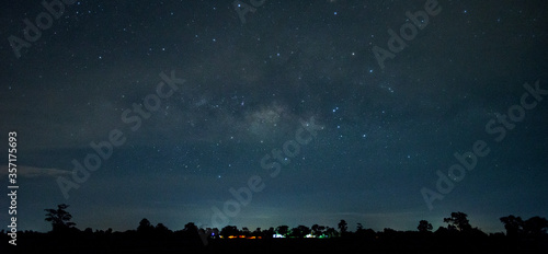Amazing Panorama blue night sky milky way and star on dark background.Universe filled with star, nebula and galaxy with noise and grain.Photo by long exposure and select white balance.over light.