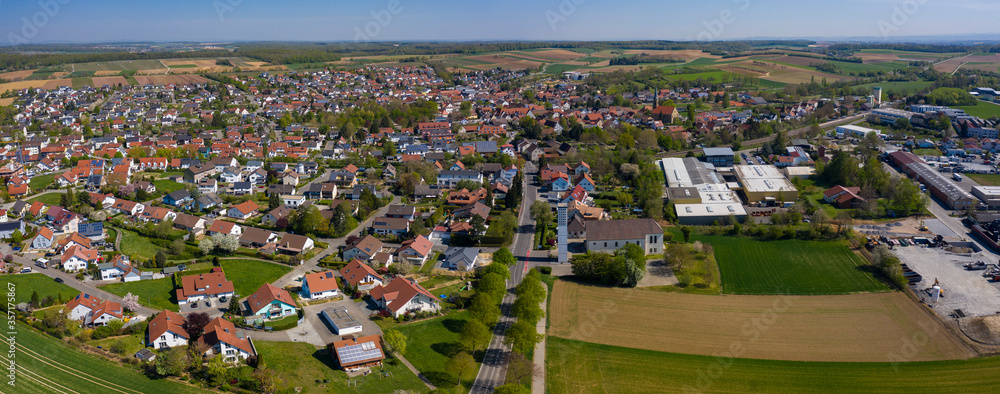 Aerial view of the Village Gemmingen in Germany on a sunny spring day during the coronavirus lockdown.