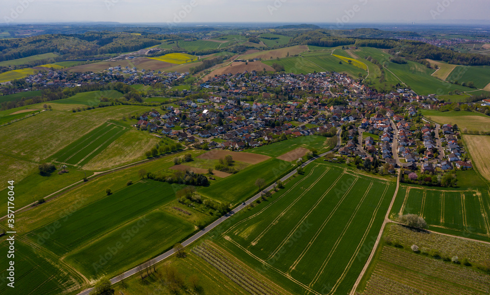 Aerial view of the Village Horrenberg in Germany on a sunny spring day during the coronavirus lockdown.
