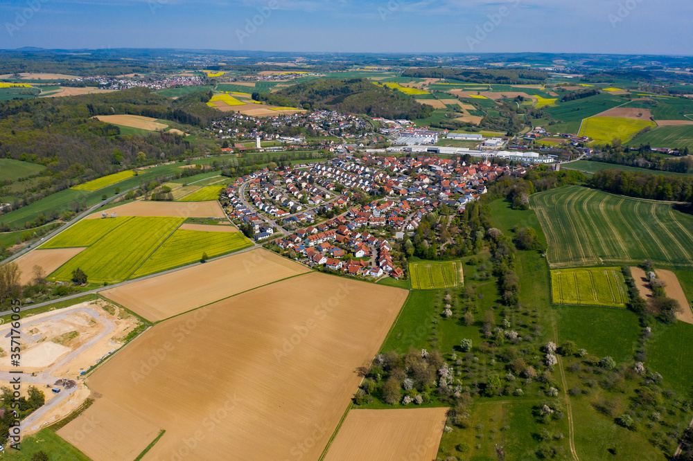 Aerial view of the Village Neidenstein in Germany on a sunny spring day during the coronavirus lockdown.
