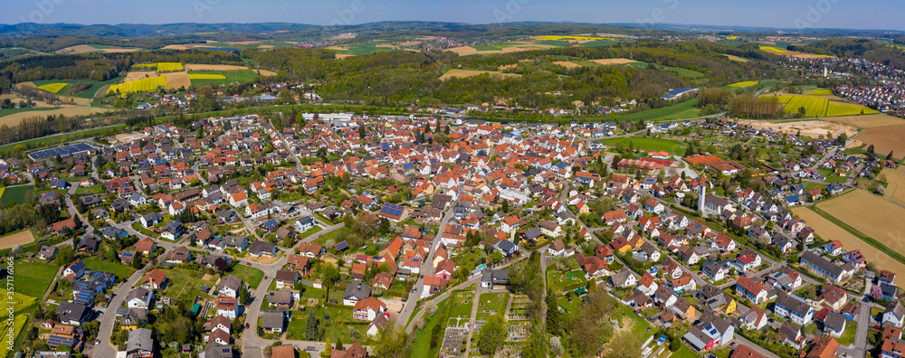 Aerial view of the village Eschelbronn in Germany on a sunny spring day during the coronavirus lockdown.