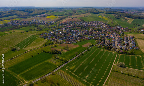 Aerial view of the Village Horrenberg in Germany on a sunny spring day during the coronavirus lockdown. 