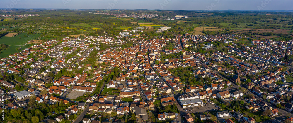 Aerial view of the city Bad Schönborn in Germany on a sunny spring day during the coronavirus lockdown.
