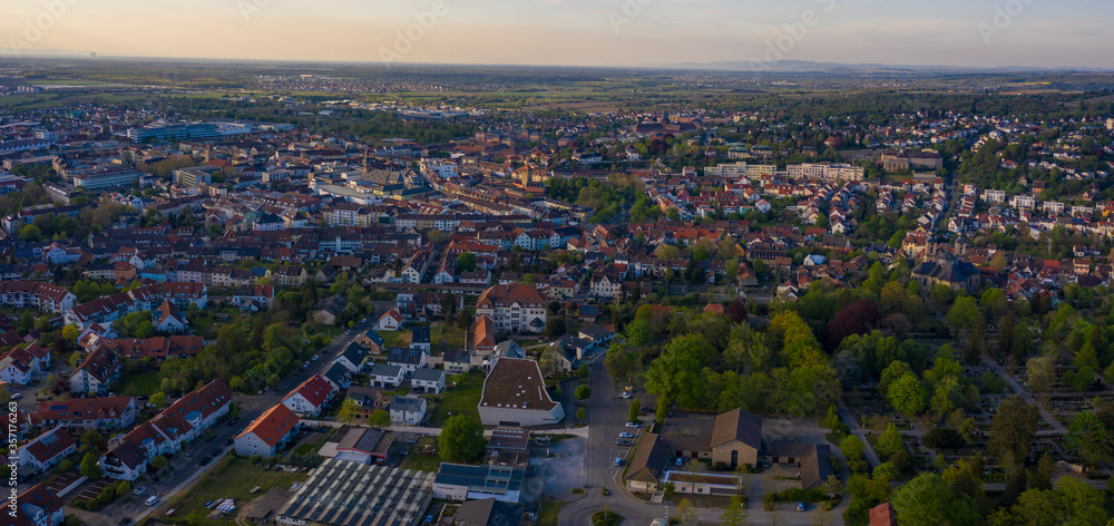 Aerial view of the city Bruchsal in Germany on a sunny spring day during the coronavirus lockdown.
