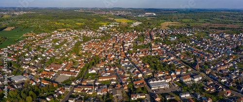 Aerial view of the city Bad Schönborn in Germany on a sunny spring day during the coronavirus lockdown. 