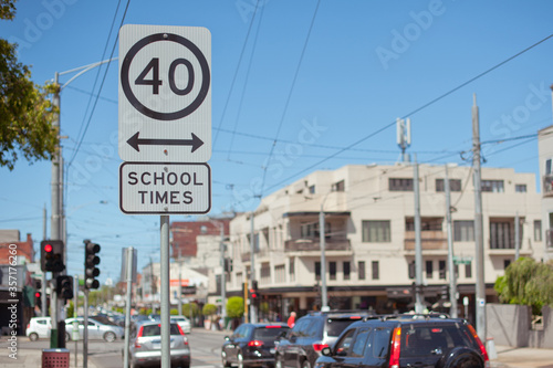 Road sign school zone. Australia, Melbourne. City street. © Olha