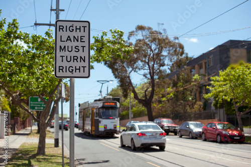 Road sign. Right lane must turn right. Australia, Melbourne.