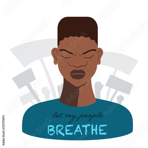 African american man in anger and saddness on face, vector illustration in flat style. Let my people breath concept. Black lives matter movement