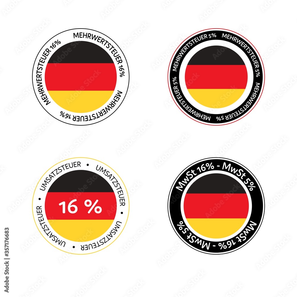Obraz premium Duty and taxes. German tax cut on value-added tax (VAT). Set of German VAT icons in National colors.