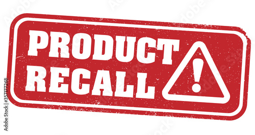 red grungy PRODUCT RECALL stamp or label with warning symbol vector illustration