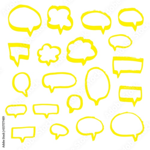 Hand drawn speech bubbles. Yellow highlighter marker line. Doodle style thinking balloons isolated