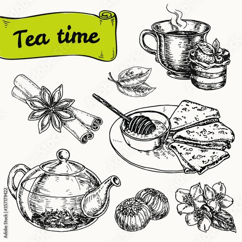 set of elements for tea time or breakfast with cake and pancakes. hand drawn vector illustration. sketch