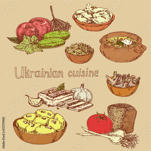 Set of illustrations of national Ukrainian cuisine. graphic hand drawn sketches. vector illustration