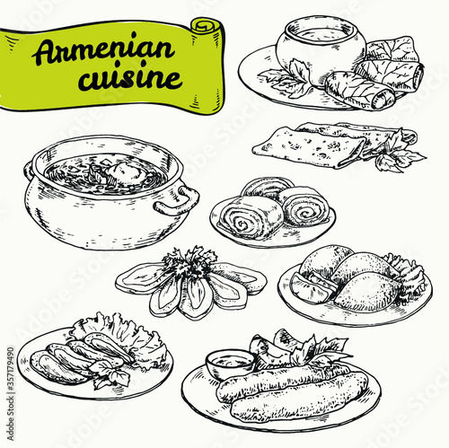 Set of illustrations of national Armenian cuisine. graphic hand drawn sketches. vector illustration