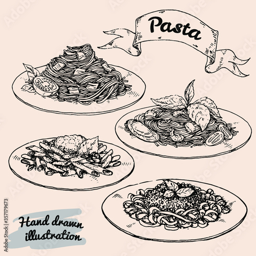 set of illustrations of traditional italian pasta. hand drawn sketches. vector illustration