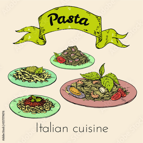 set of illustrations of traditional italian pasta. hand drawn sketches. vector illustration