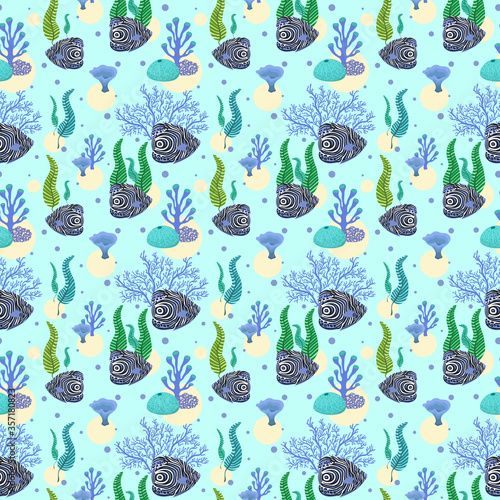 Seamless pattern with tropical exotic fishes, seaweeds and corals. Vector hand drawn illustration of underwater sea life.