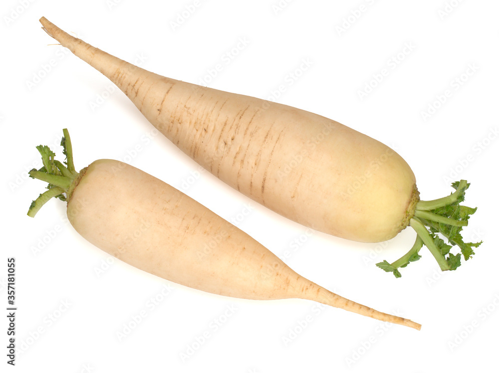 Two fresh daikon radishes isolated on a white background Two fresh daikon radishes isolated on a white background