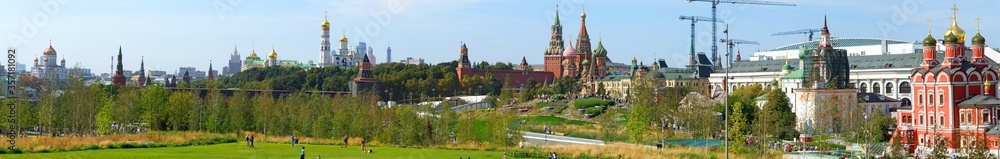 Zaryadye Park overlooking the Moscow Kremlin and St Basil's Cathedral, Russia. Zaryadye is the one of the main tourist attractions of Moscow.