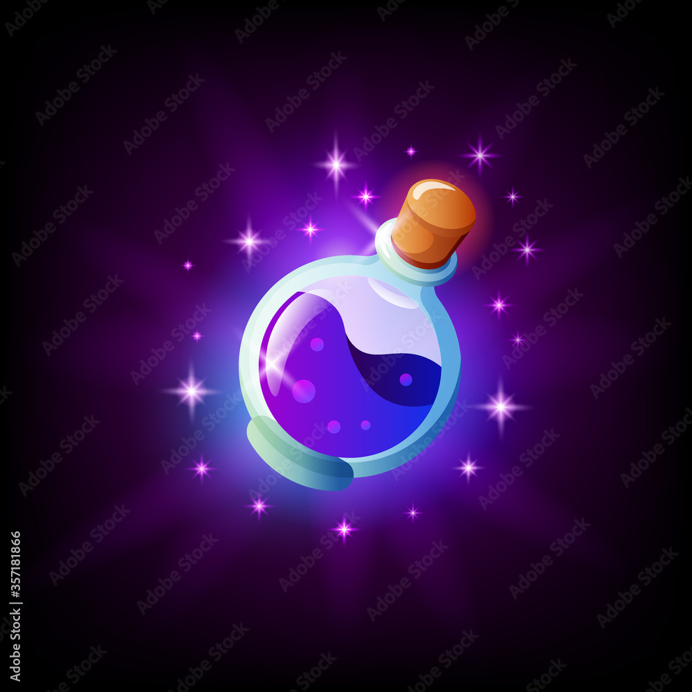 Fototapeta premium Bottle of magic potion icon for graphic user interface, dark background. Vial of elixir mobile app or pc game element. Vector illustration in cartoon style