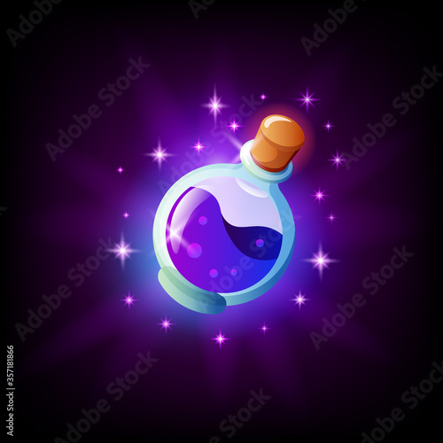 Bottle of magic potion icon for graphic user interface, dark background. Vial of elixir mobile app or pc game element. Vector illustration in cartoon style