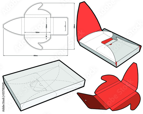 Self Assembly Chocolate box (Internal measurement 18x12+2cm) and Die-cut Pattern. The .eps file is full scale and fully functional. Prepared for real cardboard production.