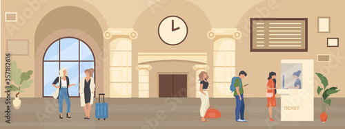 Queue to ticket booth flat color vector illustration