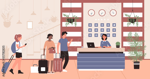 People in hotel reception vector illustration. Cartoon flat happy tourist characters talking with hotelier receptionist at reception desk in hotel hall lobby room interior, check in process background