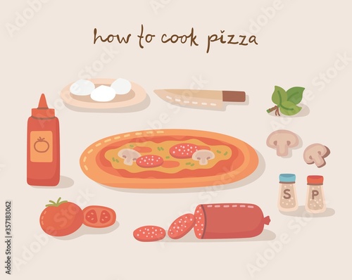 How to cook a tasty traditional vegetables pizza with kitchen utensils, ingredients