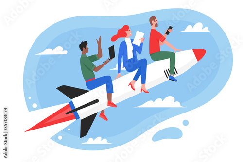 Business teamwork success concept vector illustration. Cartoon flat superhero people team flying high in sky on fast rocket, working on start new idea or startup, successful project isolated on white